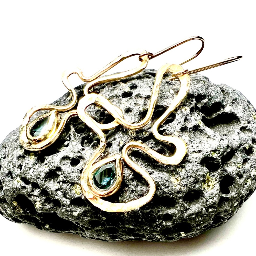 Handmade Natural Swiss Blue Topaz Earrings Solid 14K Yellow Gold 4th Anniversary - Picture 3 of 10